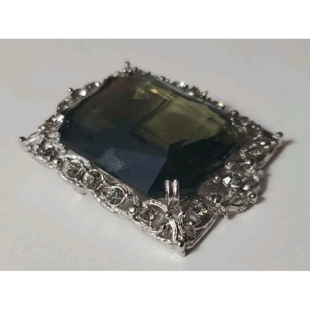 Vintage SARAH COV Brooch Pendant Necklace Gray Topaz Faceted Stone Silver Tone